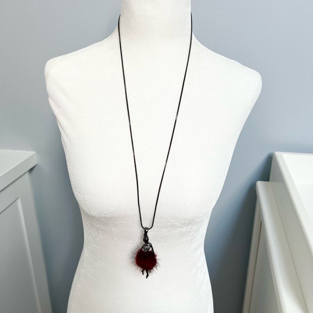 Dark metallic maroon feather skirt crystal dancer pendant long unique necklace